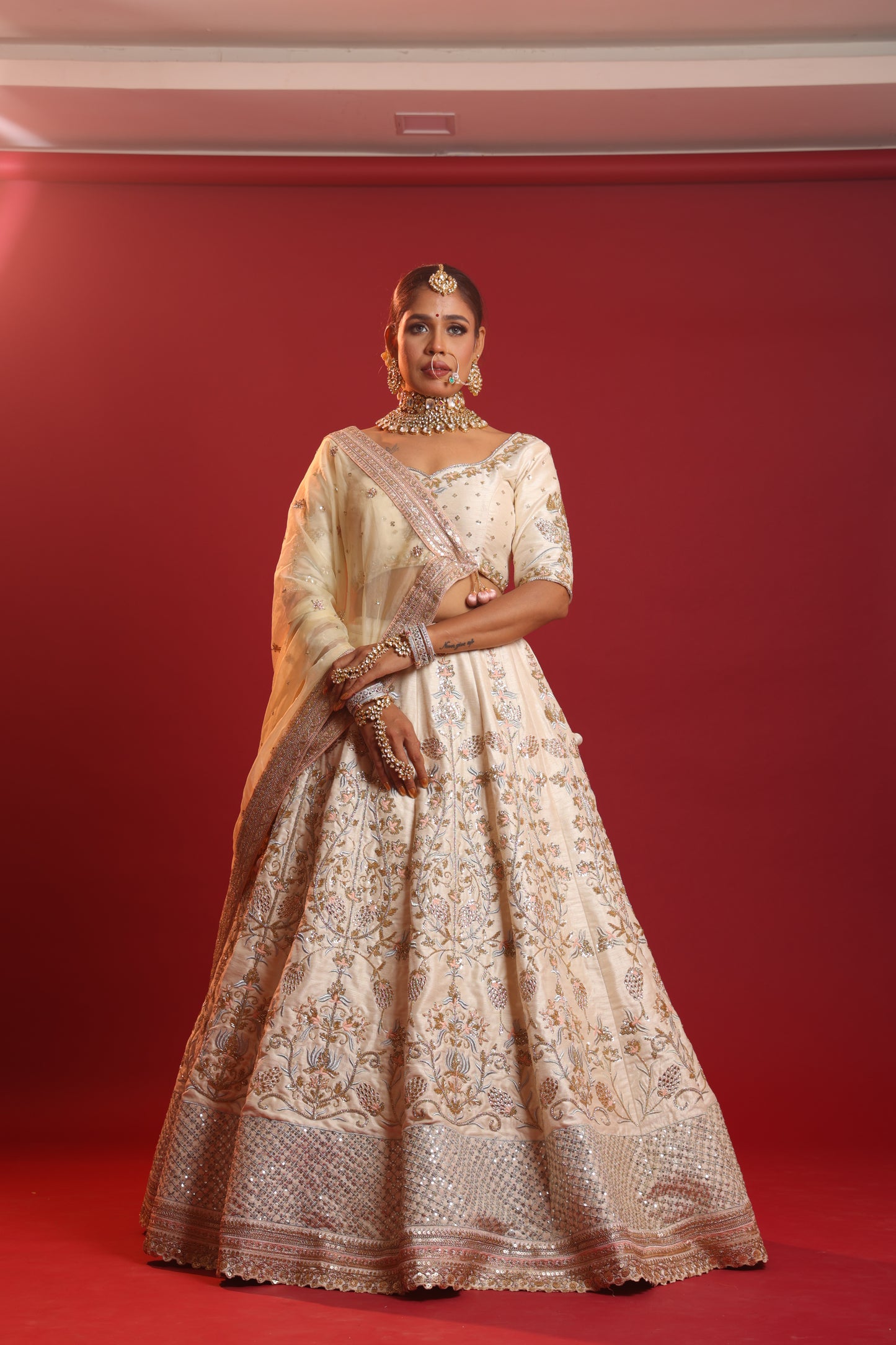 Bridal Beige Colour Mugal Lehenga
