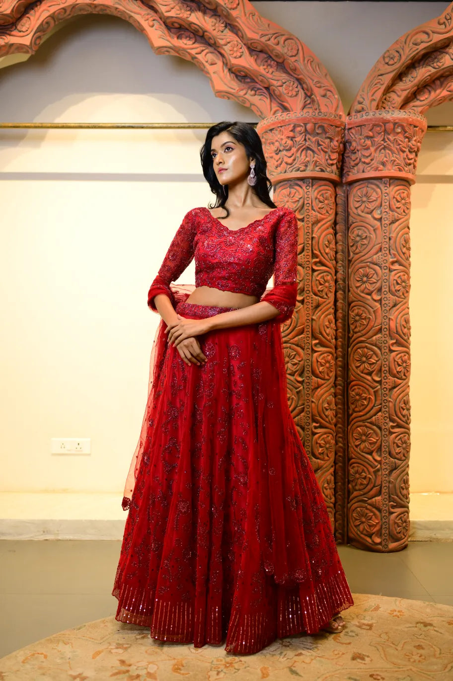 Bridal Red Colour Floral Motive Hadwork Lehenga
