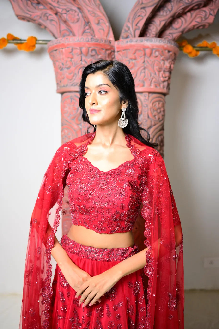 Bridal Red Colour Floral Motive Hadwork Lehenga
