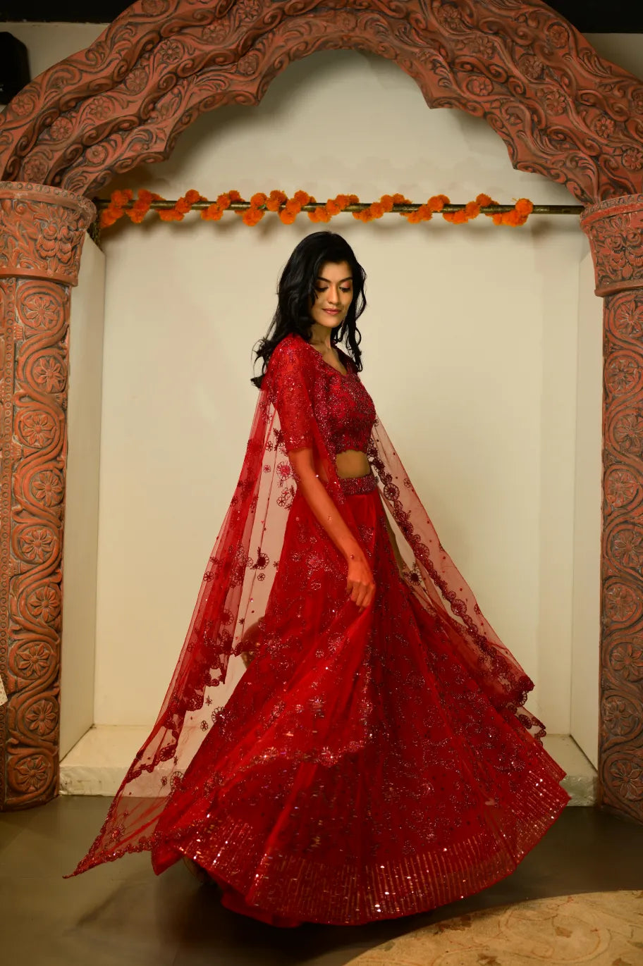 Bridal Red Colour Floral Motive Hadwork Lehenga