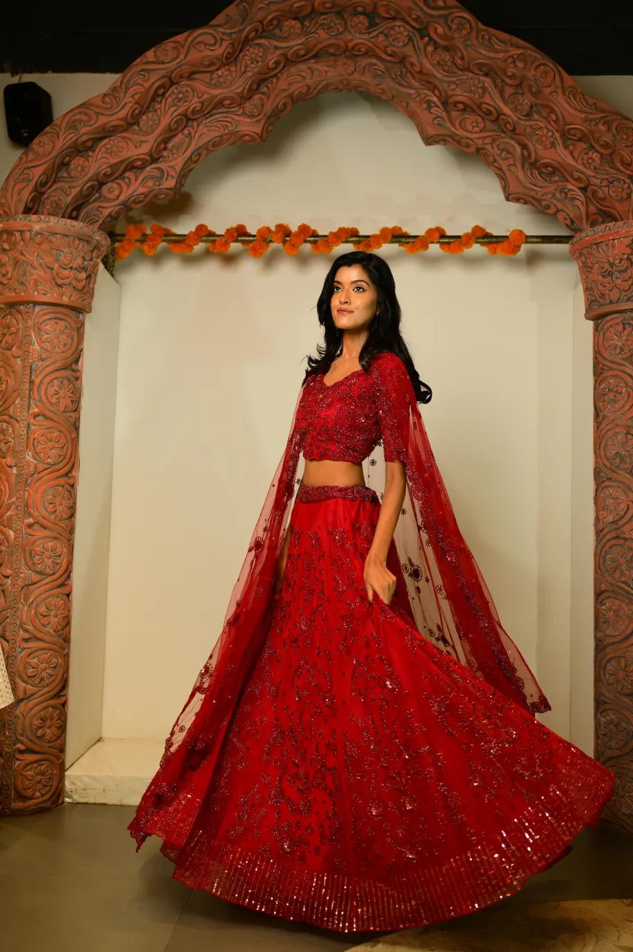 Bridal Red Colour Floral Motive Hadwork Lehenga