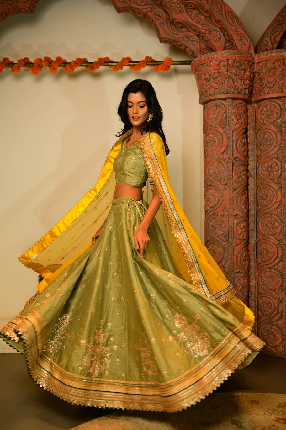 Ethereal Elegance Hand-Embroidered Sage Green Silk Lehenga with Mustard-yellow Dupatta