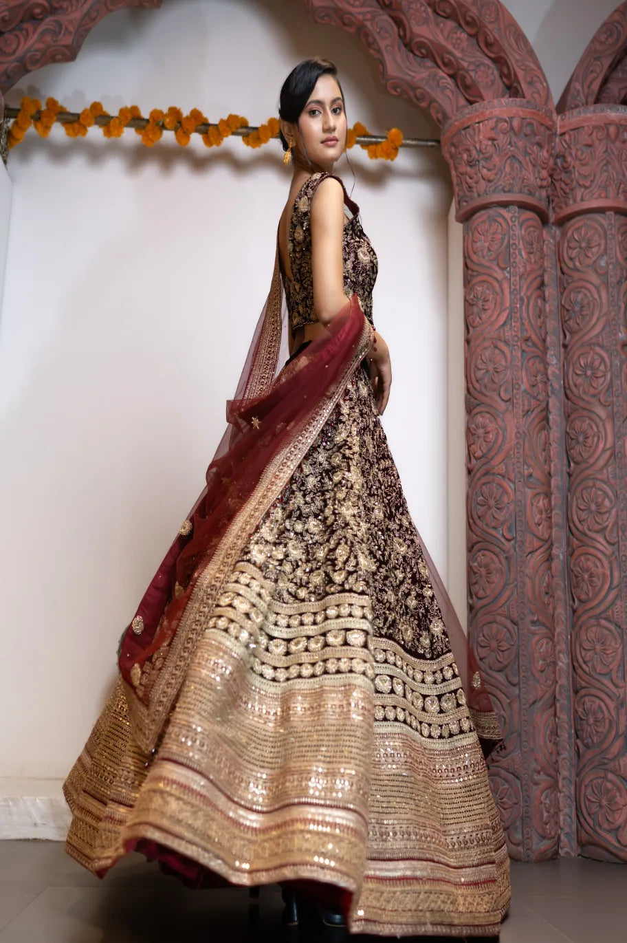 Royal Maroon Velvet Bridal Lehenga