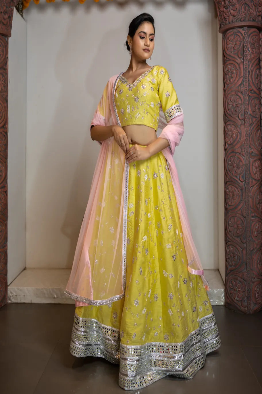 Pastel Radiance Yellow & Pink Embroidered Raw Silk Lehenga Set
