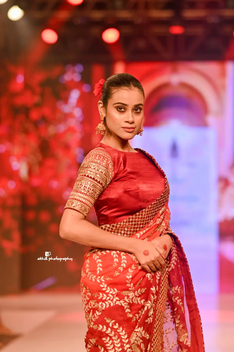 Regal Rust Red Hand-Embroidered Saree with Gold Zari Work
