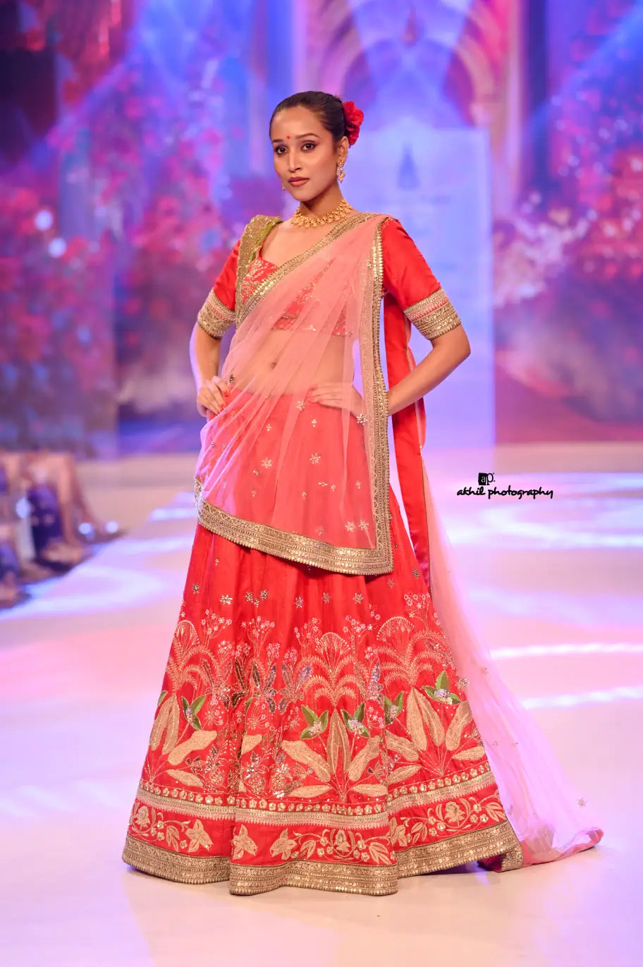 Coral-Pink Floral Motif Lehenga Ensemble