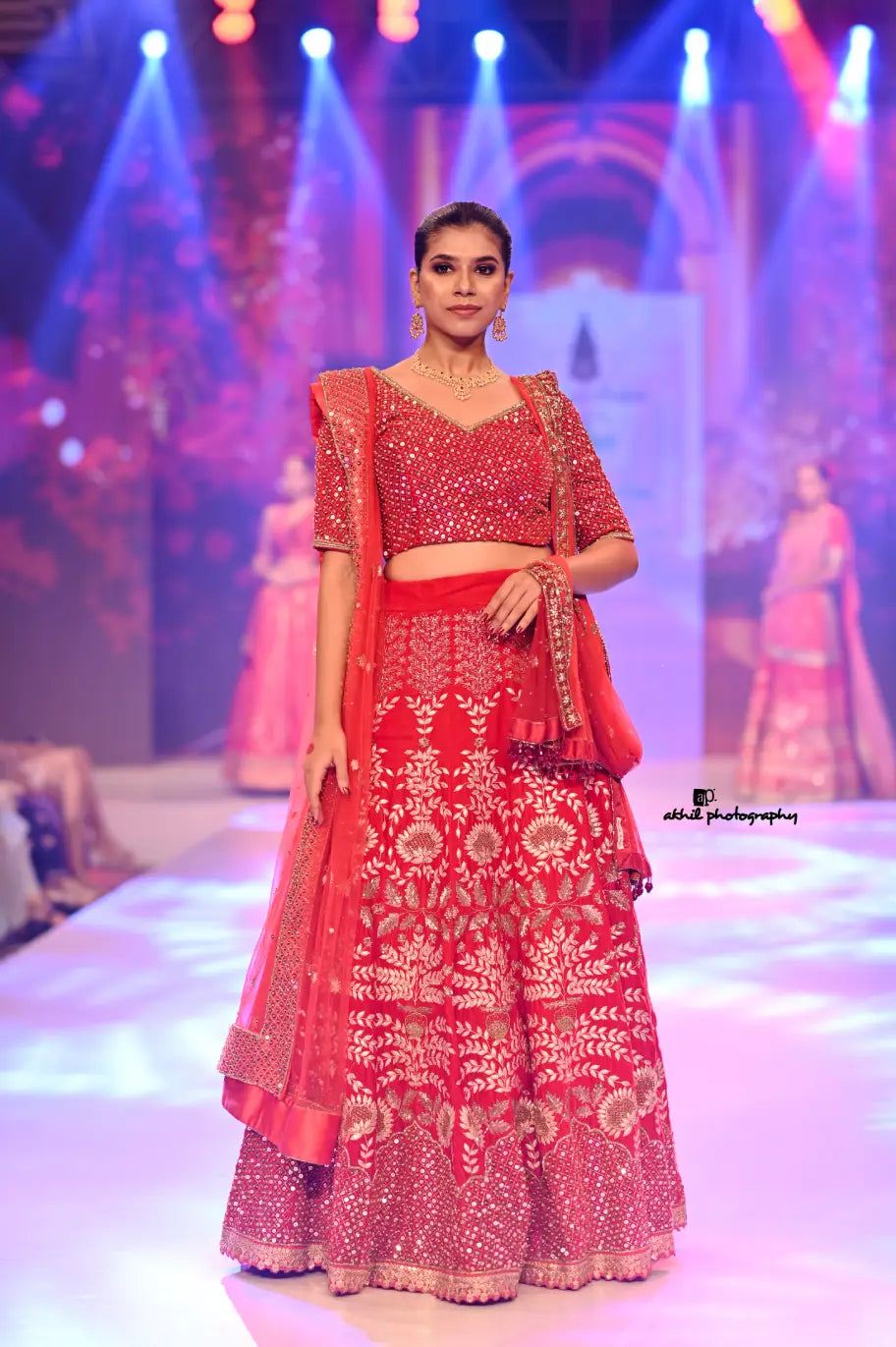 Tomato-Red Velvet Embellished Lehenga