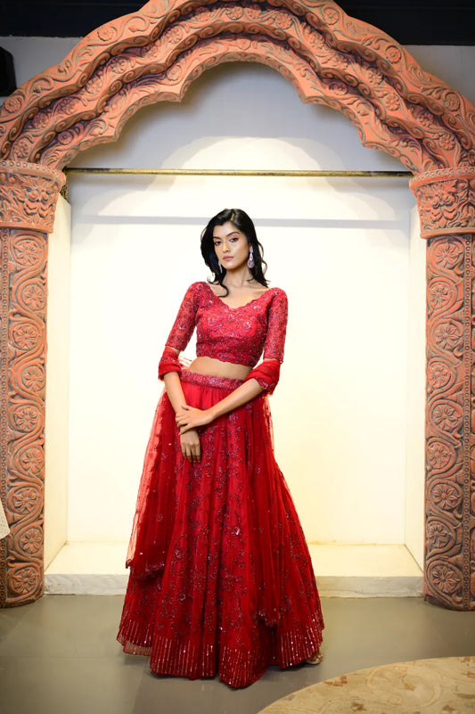 Bridal Red Colour Floral Motive Hadwork Lehenga