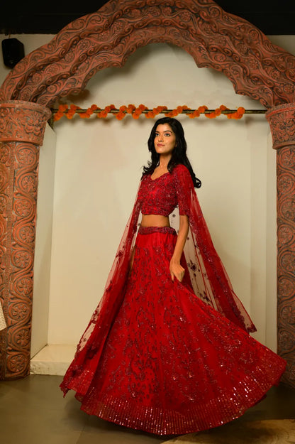 Bridal Red Colour Floral Motive Hadwork Lehenga