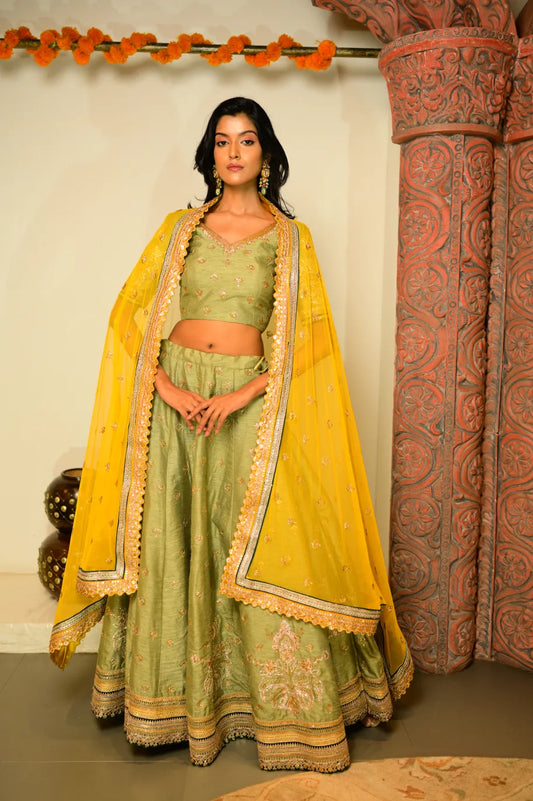 Ethereal Elegance Hand-Embroidered Sage Green Silk Lehenga with Mustard-yellow Dupatta