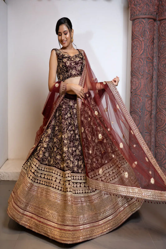Royal Maroon Velvet Bridal Lehenga