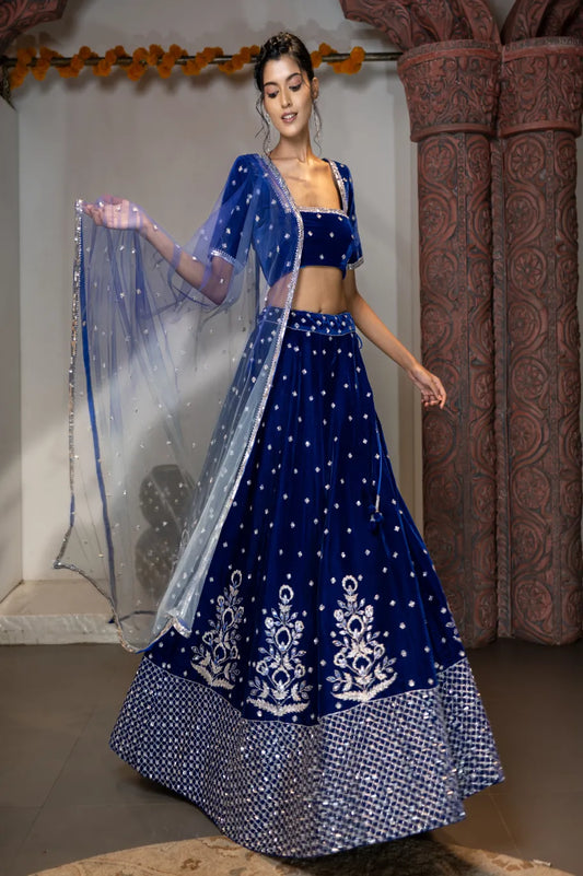 Stunning Royal Blue Velvet Lehenga