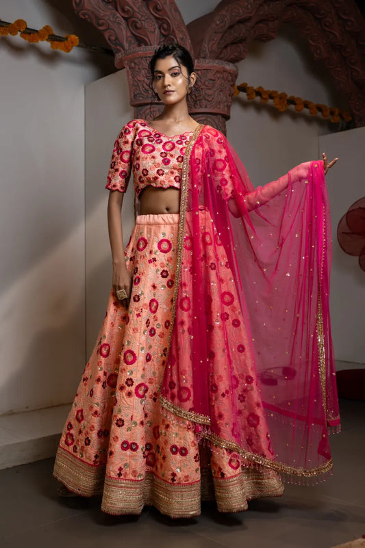 Rosette Radiance Peach Embroidered Lehenga Set
