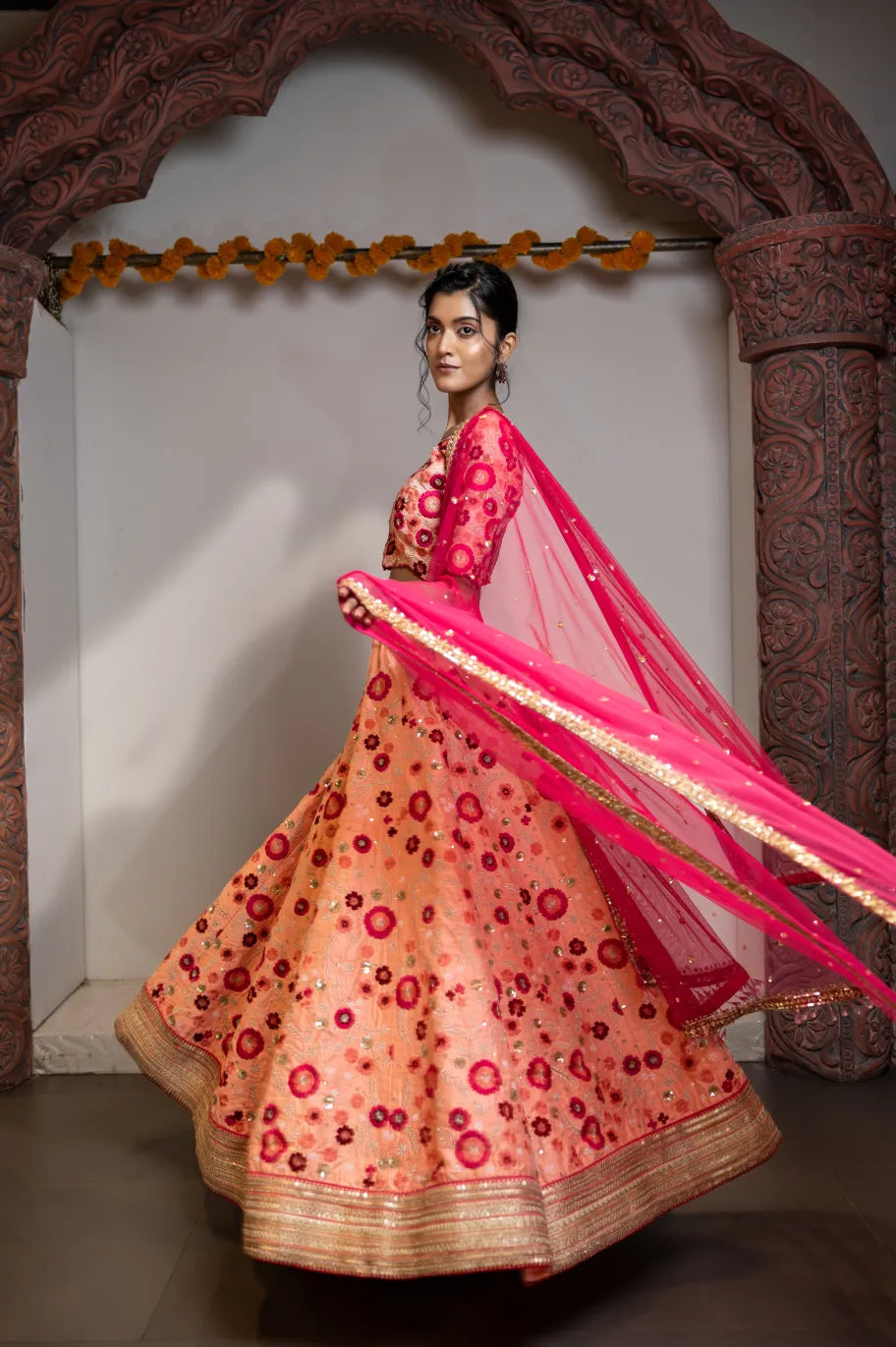 Rosette Radiance Peach Embroidered Lehenga Set