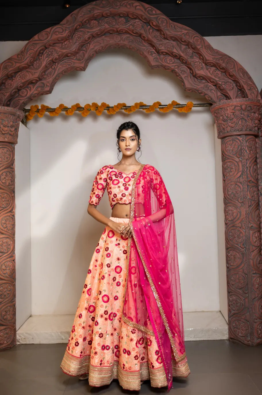 Rosette Radiance Peach Embroidered Lehenga Set