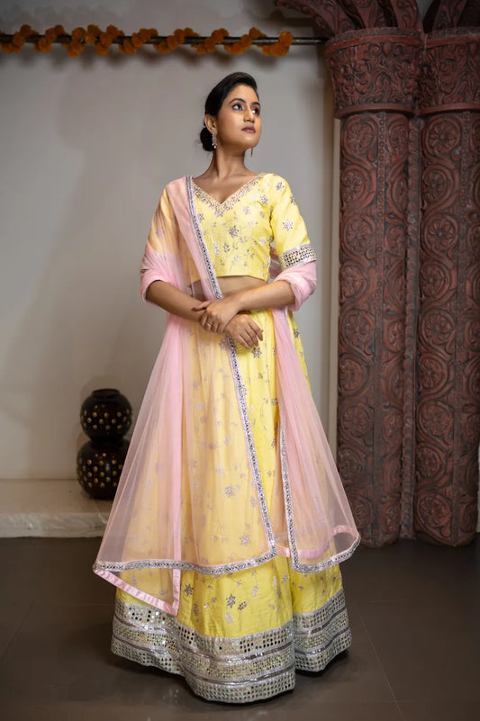 Pastel Radiance Yellow & Pink Embroidered Raw Silk Lehenga Set
