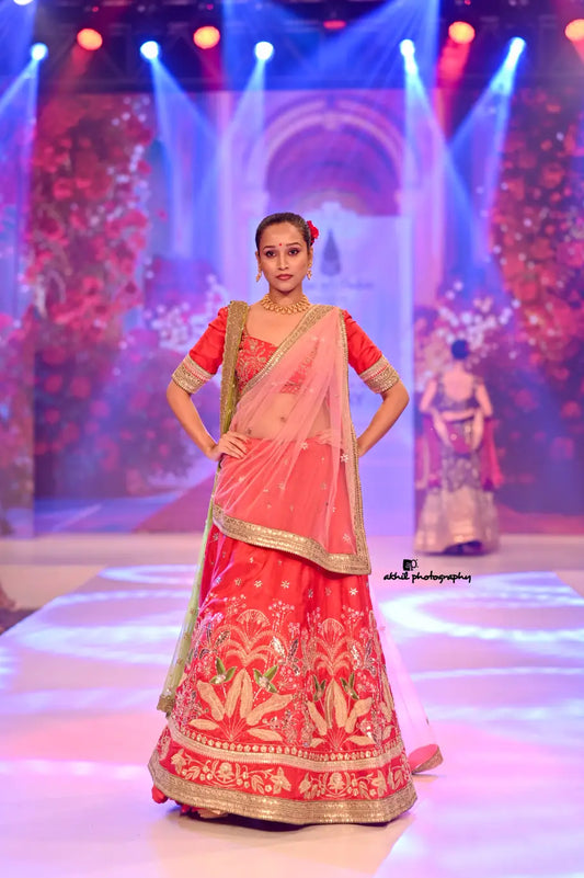 Coral-Pink Floral Motif Lehenga Ensemble