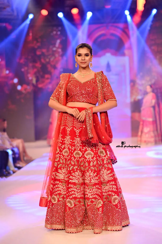 Tomato-Red Velvet Embellished Lehenga