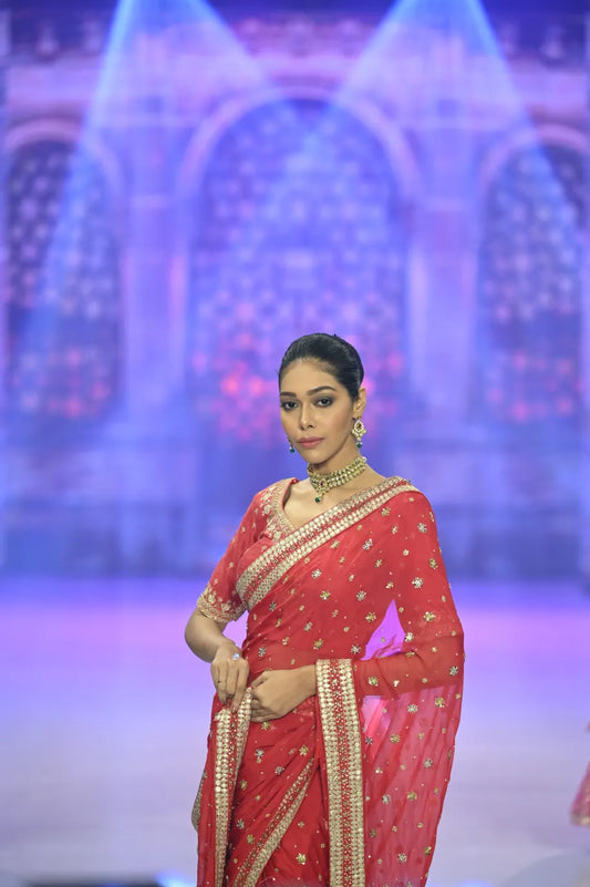 Radiant Red Hand-Embroidered Chiffon Bridal Saree