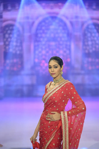 Radiant Red Hand-Embroidered Chiffon Bridal Saree